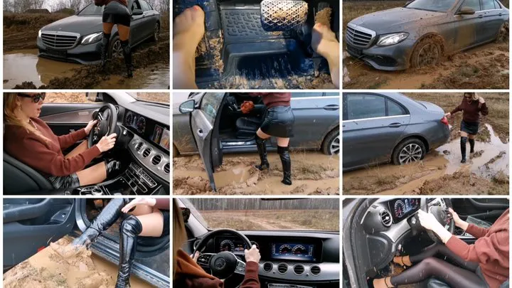 Russian girl gets stuck in deep soft mud in luxury Mercedes E-class 4Matic