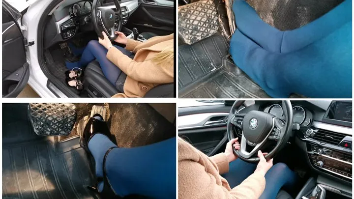 Hard revving in sexy blue pantyhose and high heels in snow white BMW 5-series