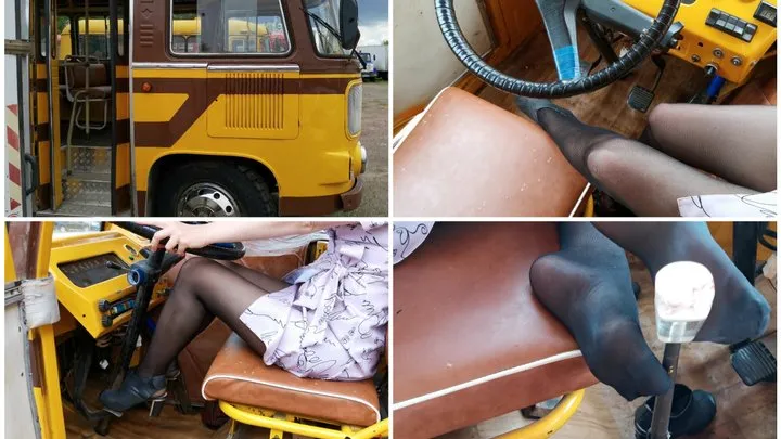 Retro school bus pedal pumping in black pantyhose and high heels