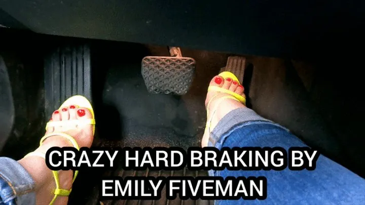 Crazy barefoot in high heels hard braking in luxury BMW 5-series