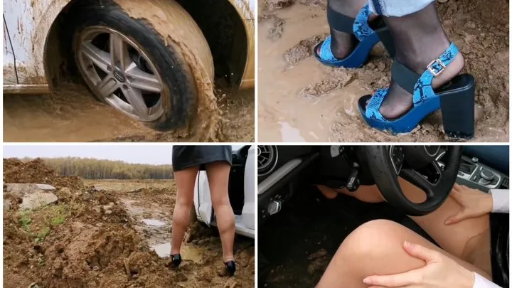 Two sexy girls got stuck hard in deep soft mud in Audi