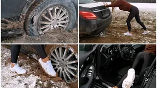 Car stuck in deep mud, crazy drift and hard revving in luxury Mercedes C-class