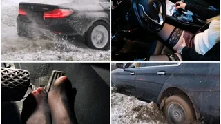 Sexy babe got stuck hard in snow and mud in latex high heel boots and sexy stockings in luxury BMW