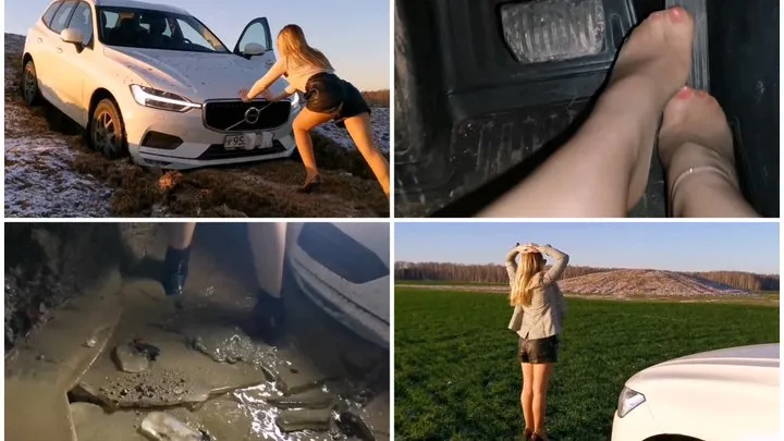 Sexy girl got stuck hard in deep mud and made hill climbing