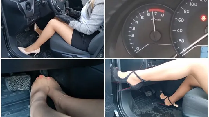 Toyota Corolla hard revving in sexy high heels and pantyhose Christian Louboutin