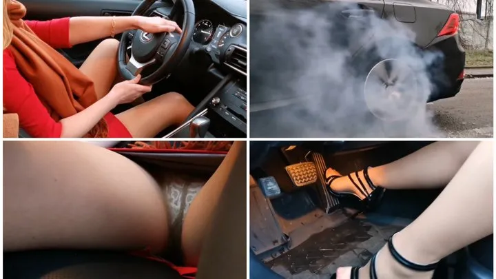 Sexy hard revving in luxury Lexus IS300 in high heels and shoeless