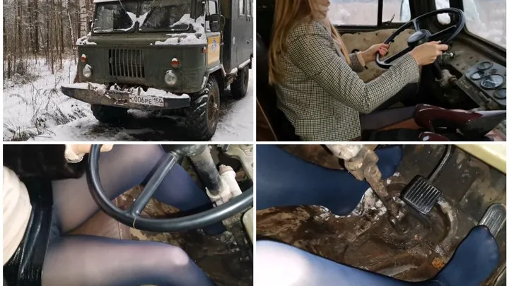 Monster soviet truck GAZ 66 pedal pumping, hard revving and driving in opaque pantyhose with upskirt