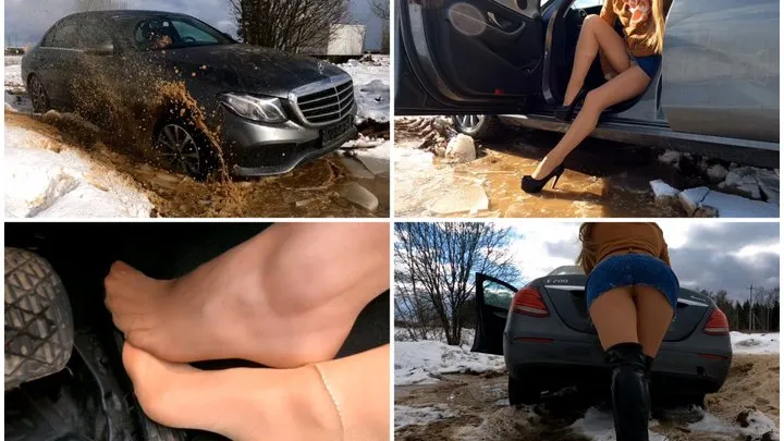 Sexy girls in nylons got car stuck hard in deep mud