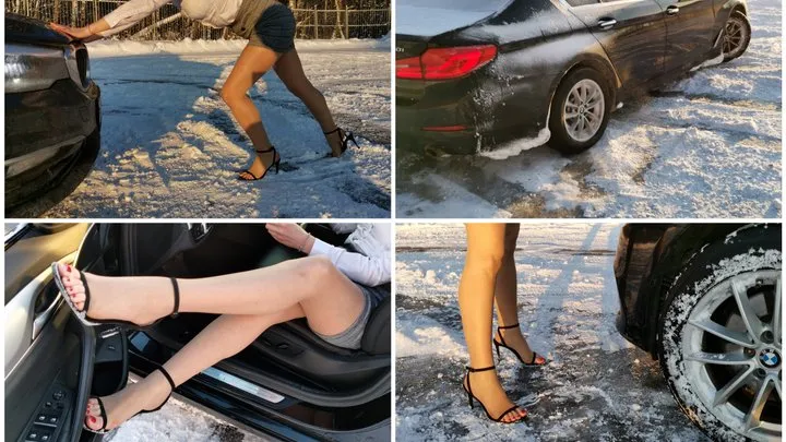 Sexy real estate agent got stuck in an ice-covered parking