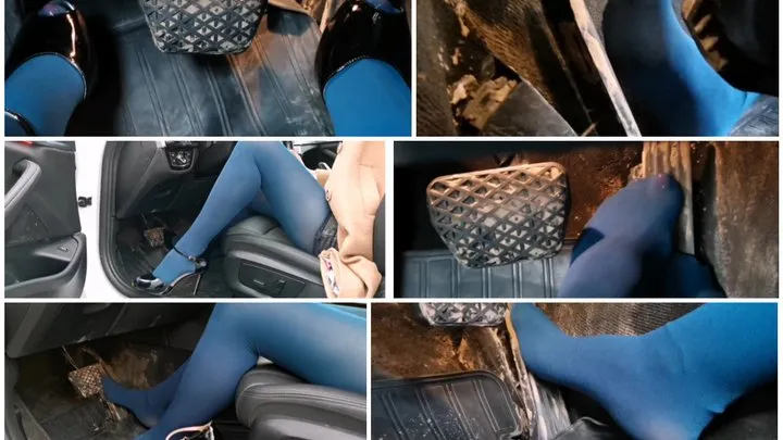 Hard revving and pedal pumping in BMW blue pantyhose