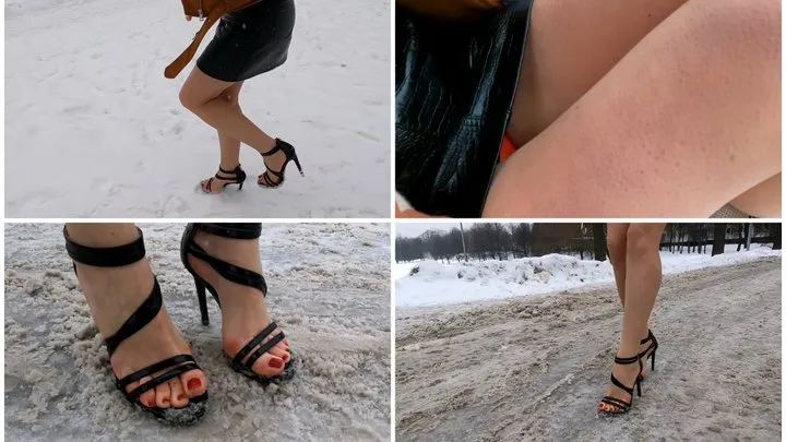 Sexy girl in high heels with goosebumps on the slippery road