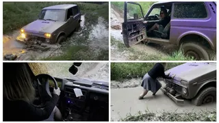 PREMIERE: SEXY GIRL STUCK HARD IN DEEP MUD DRIVING LADA NIVA