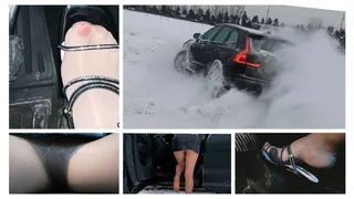 HOT: Crazy drift really hard braking and amazing upskirt in powerful Volvo in deep snow