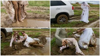 PREMIERE: Sexy bride gets her car stuck in deep mud on her way to get married