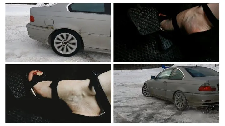 Crazy barefoot drift on icy parking in powerful BMW 330