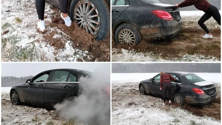 Mud stuck crazy drift hard revving and crushed tires in luxury Mercedes C-class