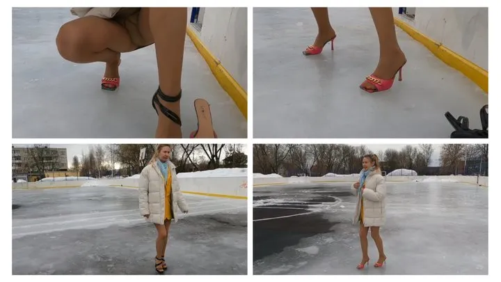 Emily slips on two sexy high heels pairs on very slippery ice rink UPSKIRT!