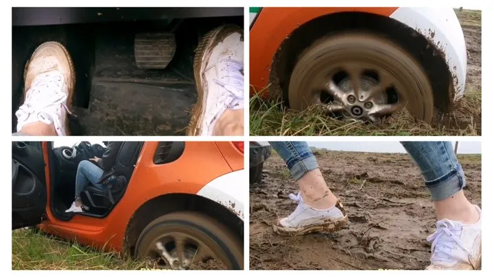 Sexy girl in Puma sneakers got her Smart stucked hard in deep mud