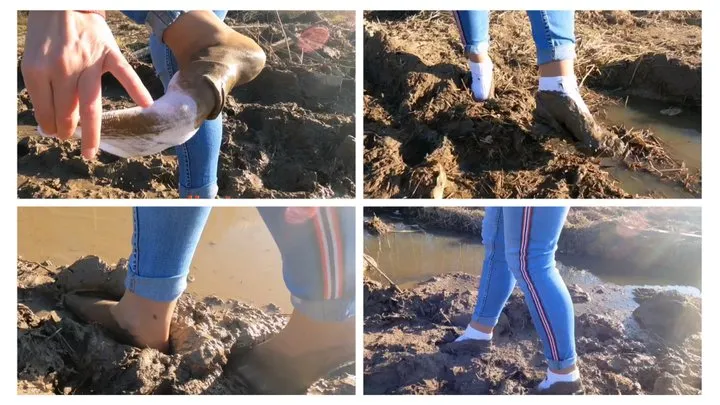 Walking in deep soft mud in high heels socks and nylon pantyhose