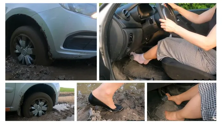 Sexy girl got her Lada stucked in deep soft mud