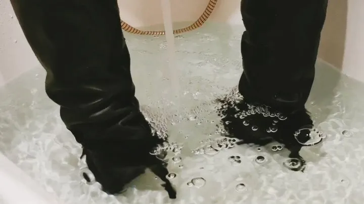 Emily makes crazy water test for new high heel boots in the bathroom