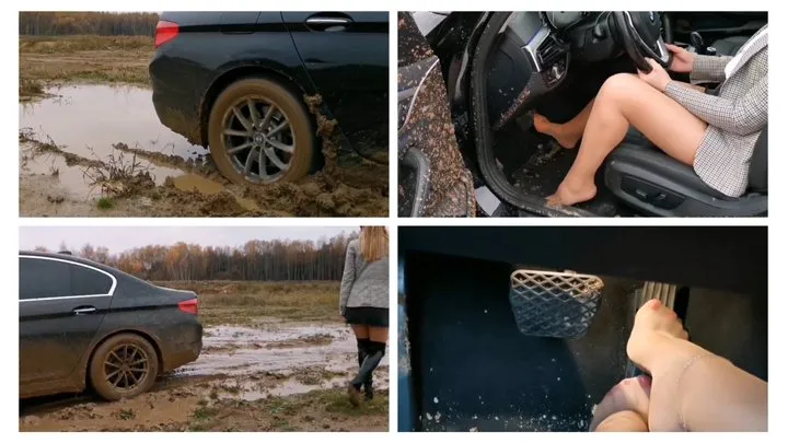 EXCLUSIVE: Sexy anonymous girl got her BMW stuck in deep mud