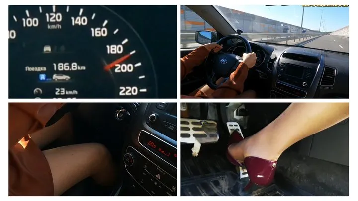 Sexy girl drives car very fast on the highway