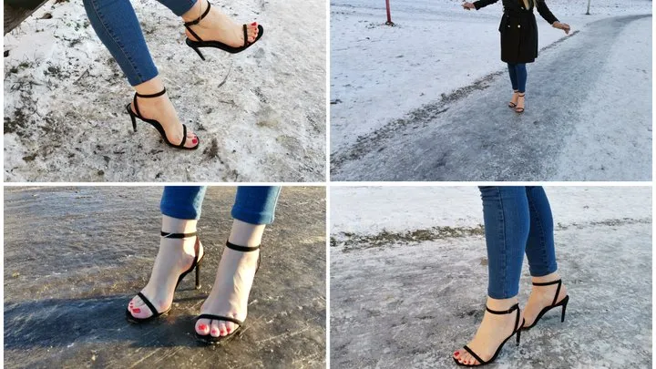 Sexy girl walks on the slippery parking in high heel sandals