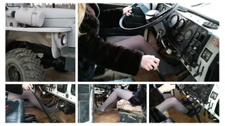 Sexy Emily revs hard russian police URAL and drives it