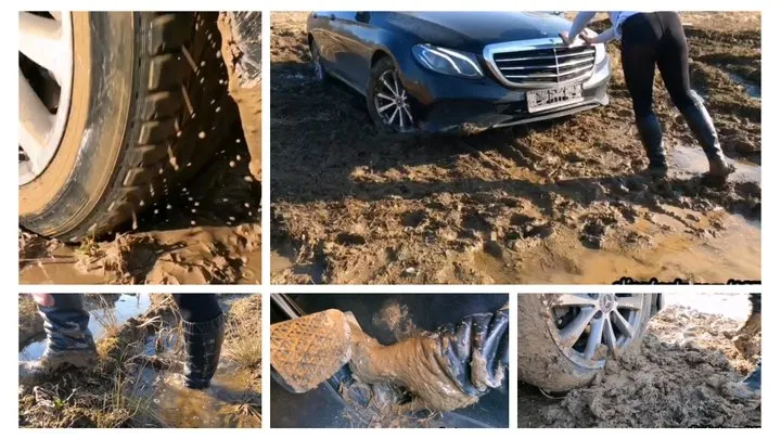 Real estate agent got her luxury Mercedes stuck deep soft mud