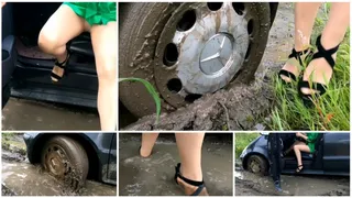 Sexy girl got her Mercedes stuck in deep soft mud UPSKIRT