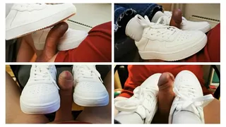 Sexy shoejob in white sneakers trampling and hard orgasm on white sneakers