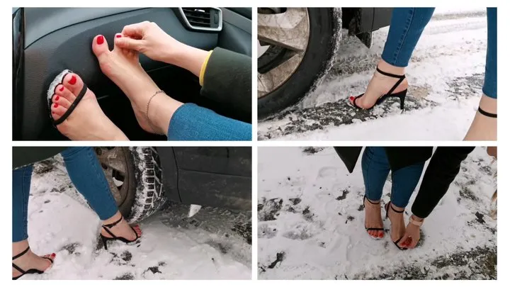 Run over sexy barefoot soles in sandals with the car