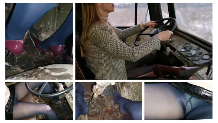 Emily revs hard GAZ 66 with upskirt and drives it in the forest