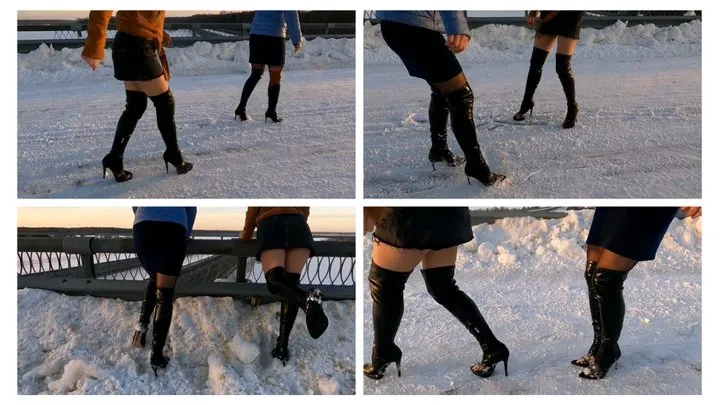 Two sexy girl in high heel boots on very slippery ice