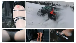 Crazy drift really hard braking and amazing upskirt in powerful Volvo in deep snow