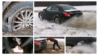 Sexy Emily got her luxury Mercedes stuck and crushed tire while spinning wheels