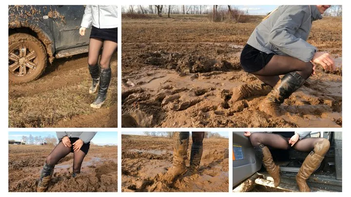 Sexy Emily stuck in crazy deep soft mud hard in high heel boots