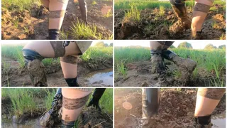 Sexy Julia stuck hard in mud wearing high heel boots and stockings PUSSY VIEW