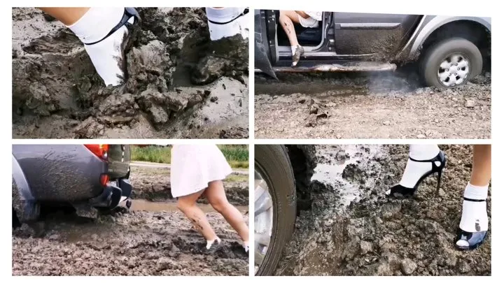 Sexy Julia got her powerful pickup stuck in deep soft mud