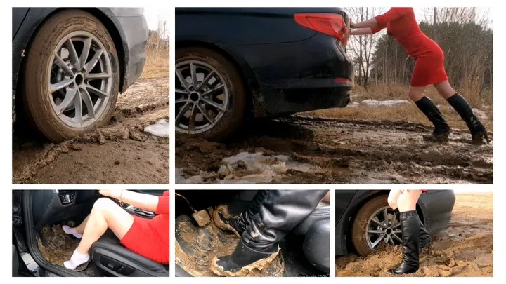Sexy girl stuck hard in deep mud driving luxury BMW 5 series