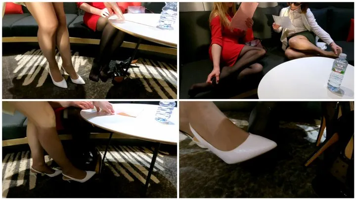 Foot stepping fight, dangling high heels and massaging feet in pantyhose girls