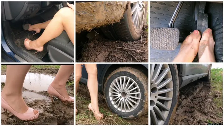 Sexy girl got her powerful Mercedes GLA stuck in deep soft mud muddy high heels