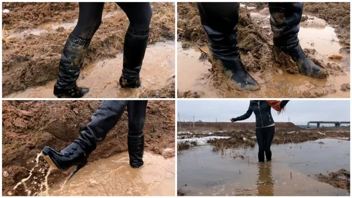 Sexy Emily in all leather clothes and high heel boots walks throught muddy puddles