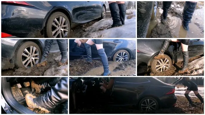 Two sexy girls in high boots got powerful Lexus stuck in deep soft mud