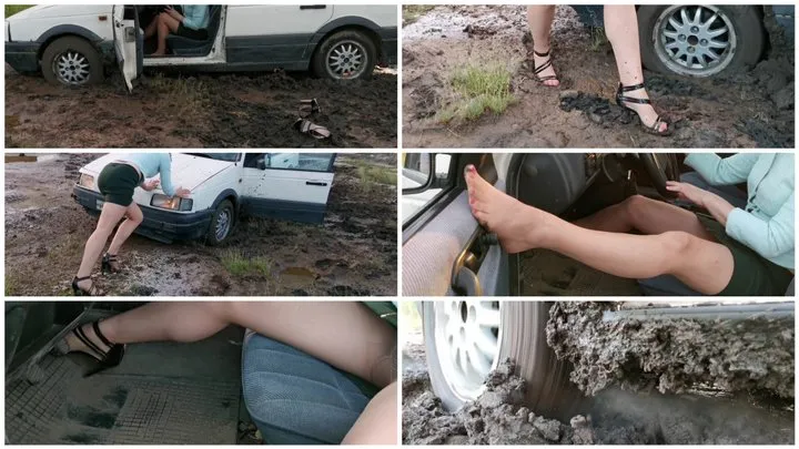 Sexy girl got her old Passat stuck in deep mud