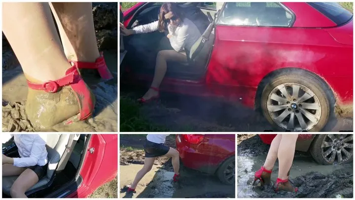 Sexy office manager stuck hard in mud driving her luxury BMW 335 cabrio