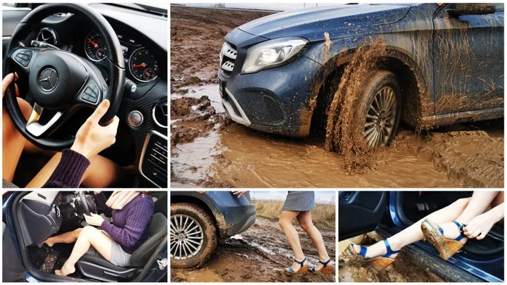 Sexy real estate agent got her Mercedes stuck in deep mud