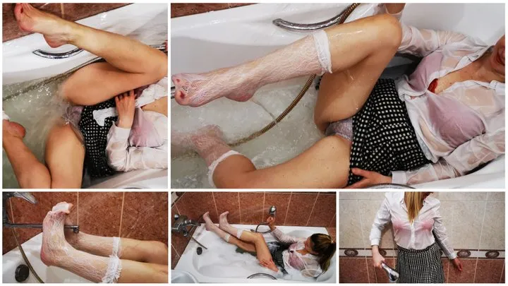 Sexy sensual wet look in socks, mini skirt with upskirt and full wet clothes