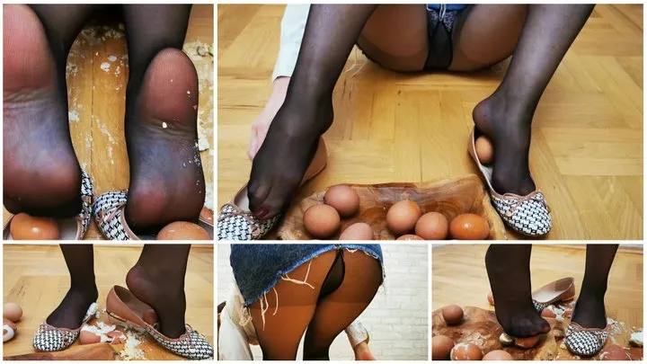 Emily crushes eggs in ballet flats and black nylon pantyhose with upskirt